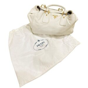 Prada off white & gold pebble leather expandable satchel shoulder bag designer
